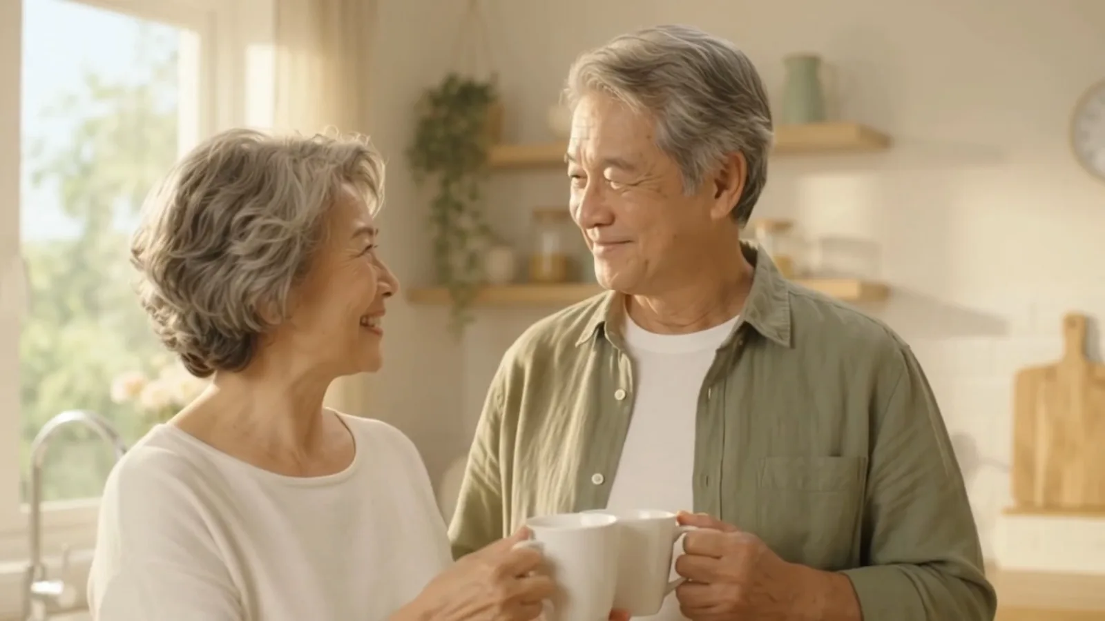 คู่สูงวัยยิ้มให้กันพร้อมแก้ว Alpha Plus ในครัว
