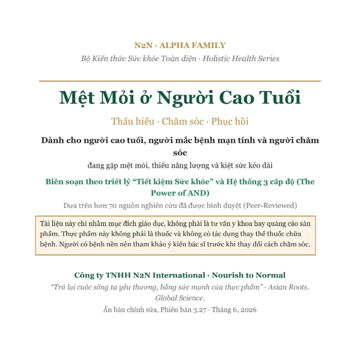 Bìa E-Book: Mệt Mỏi ở Người Cao Tuổi — Thấu hiểu · Chăm sóc · Phục hồi
