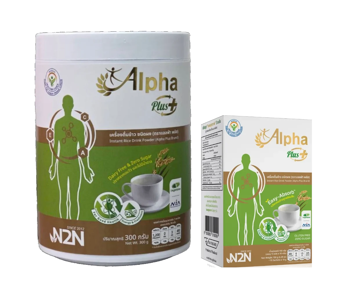 Alpha Plus 300 g can and 150 g box